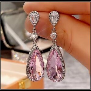 New White Gold Pink Amethyst Ornate Drop 3ct Pear Earrings